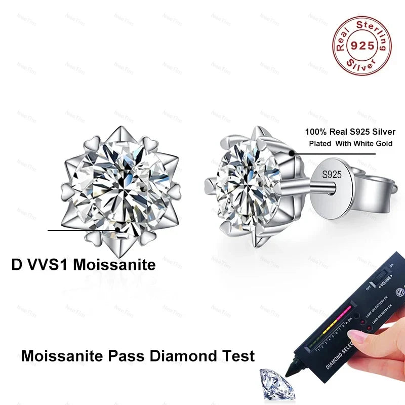 NeeTim 0.3ct-2ct Moissanite Earrings Lab Diamond 925 Sterling Silver with Gold Plated Snowflake Studs Earring Wedding Jewelry