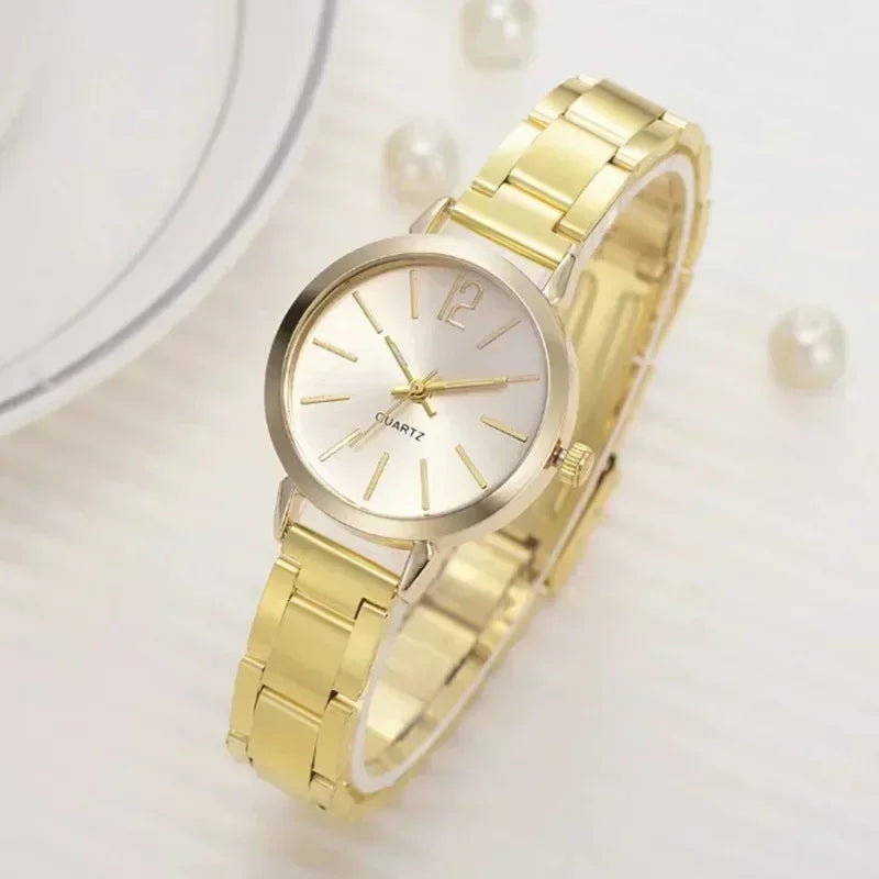 Relógio de pulso de quartzo redondo simples para mulheres, moda inoxidável, pulseira de ouro, relógios femininos, luxo,