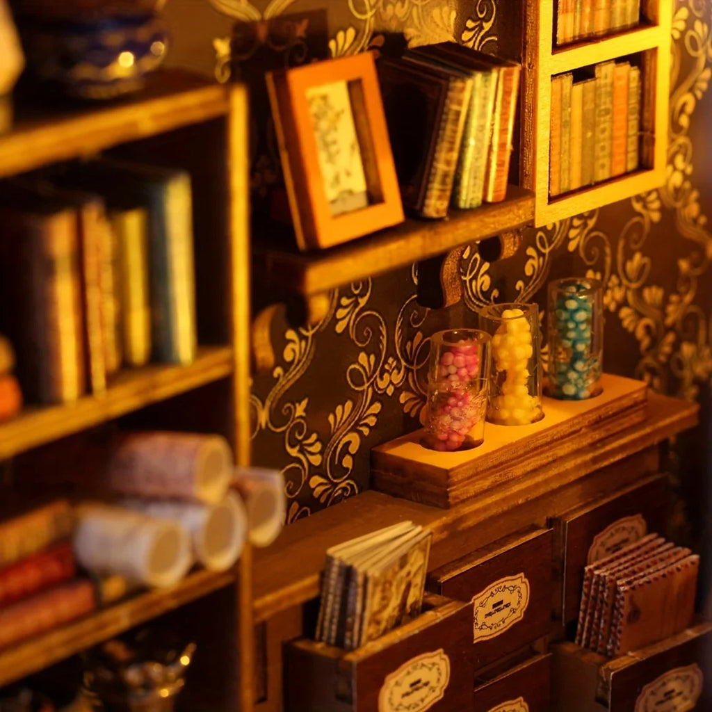 DIY Miniature House Bookend Sensor Light, Wooden Craft Kit for Adults - Magic Bookshelf Decor, Creative Christmas Gift Collectio