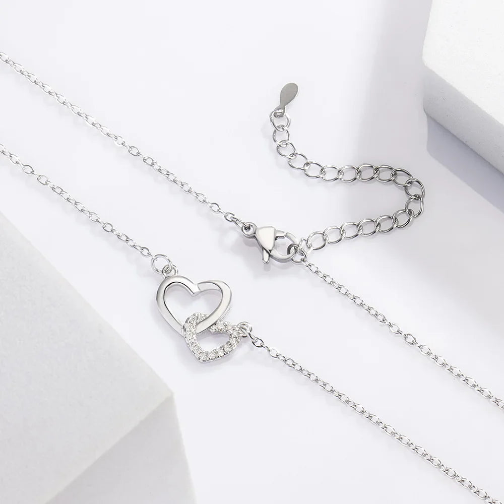 925 Sterling Silver Zircon Double Heart Necklaces For Women Girls Wedding Luxury Designer Jewelry Accessories Argent 925