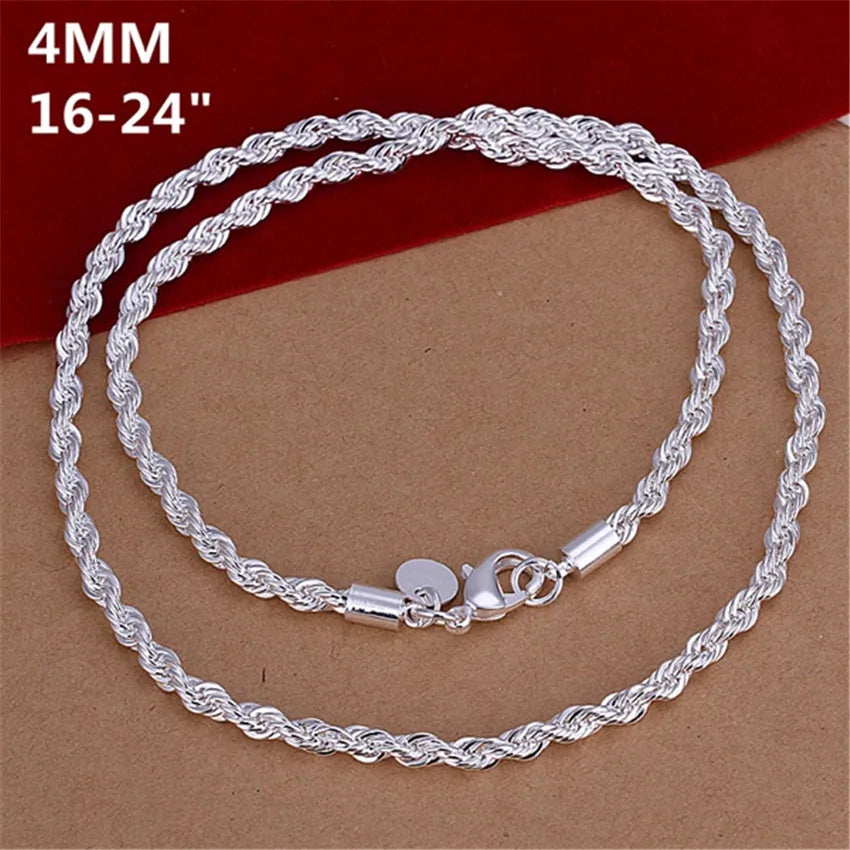16-24inch For Women Men Beautiful Fashion 925 Sterling Silver Charm 4mm Rope Chain Necklace Fit Pendant High Quality Jewelry