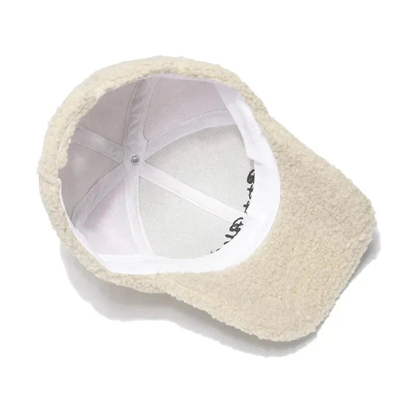 Lamb Wool Baseball Cap — Korean Style Plush Winter Sun Hat for Women