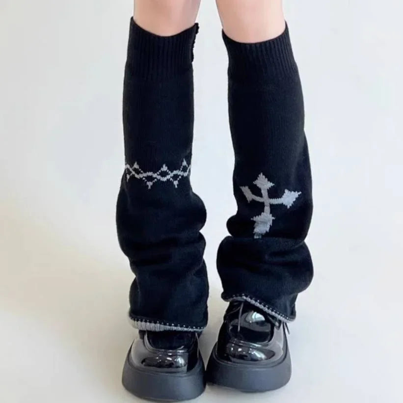 Y2K Punk Knitted Leg Warmers Black White Heart Star Argyle Style - Image 7