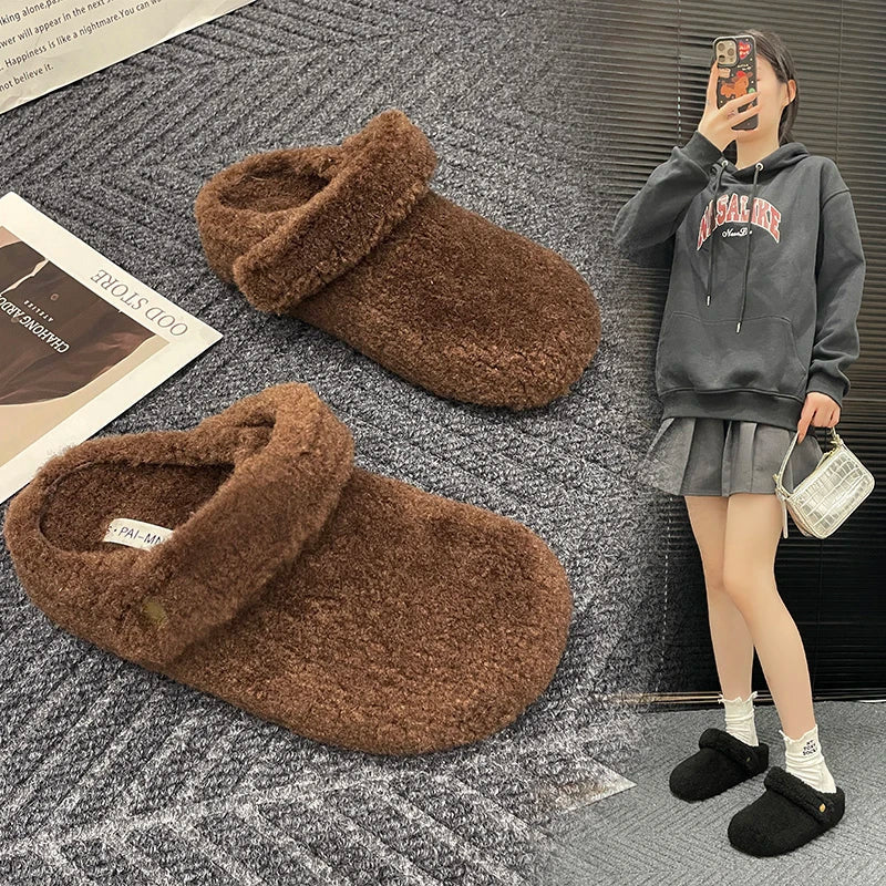 Winter Cotton Fluffy Slippers Plush Flat Slip-On House Shoes