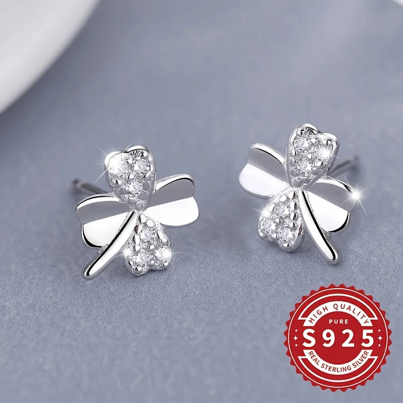 Pair of Women's Shiny Lucky Four-Leaf Petal Earrings 925 Silver Classic Simple Design Elegant Cute Versatile for Daily Wear Gift
