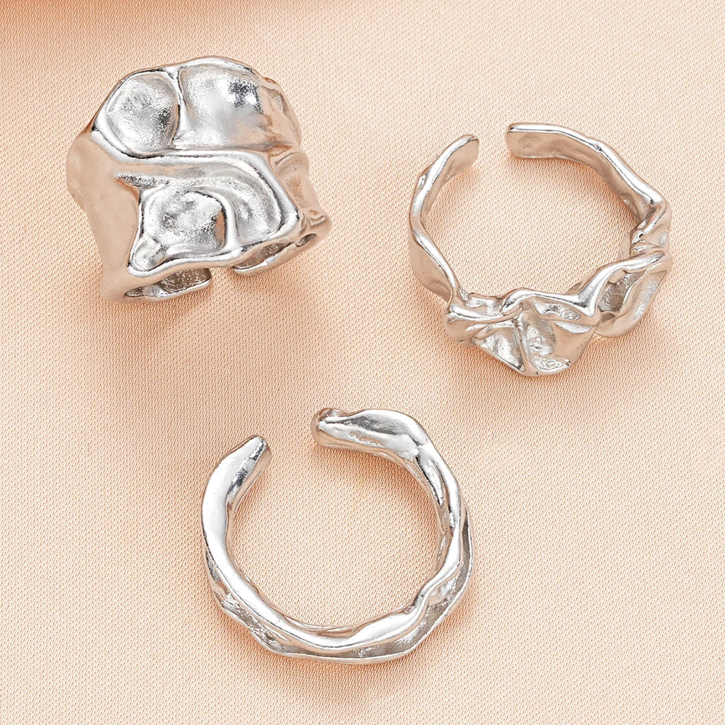 3 Pcs Punk Chunky Irregular Rings Set for Women Creative Geometric Adjustable Open Finger Rings Fashion Statement Jewelry Girls