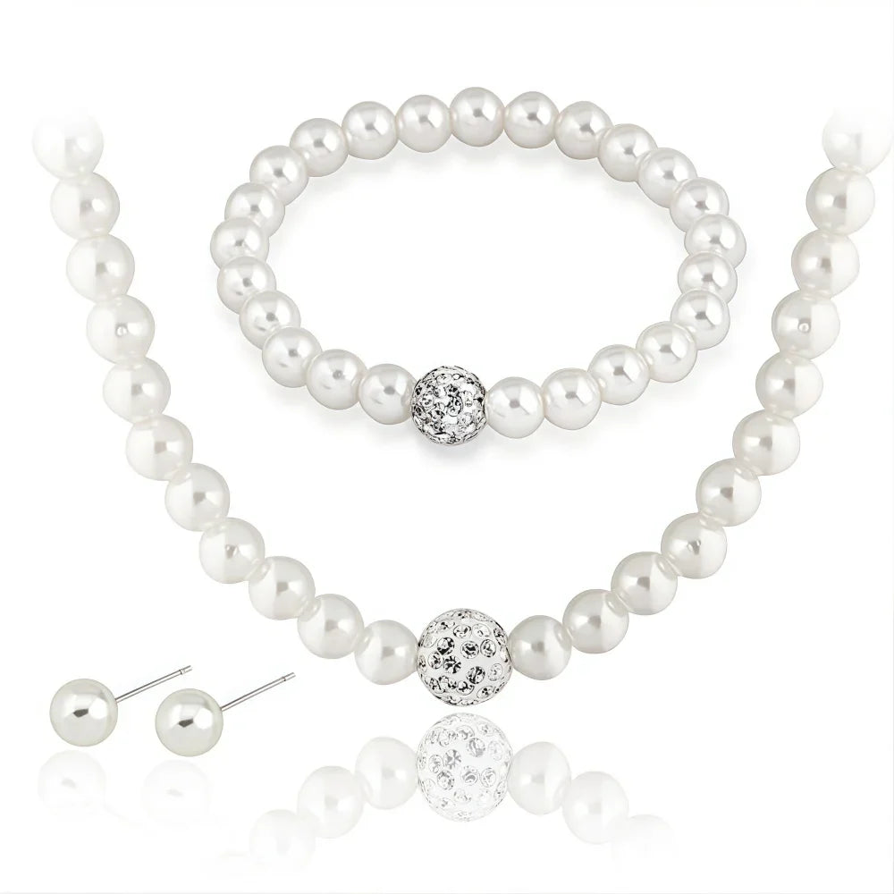 3 PCS Imitation Pearl Fireball Necklace Bracelet Earring Stud Jewelry Set Silver Color Crystal Stone Elegant Bridal Jewelry Gift