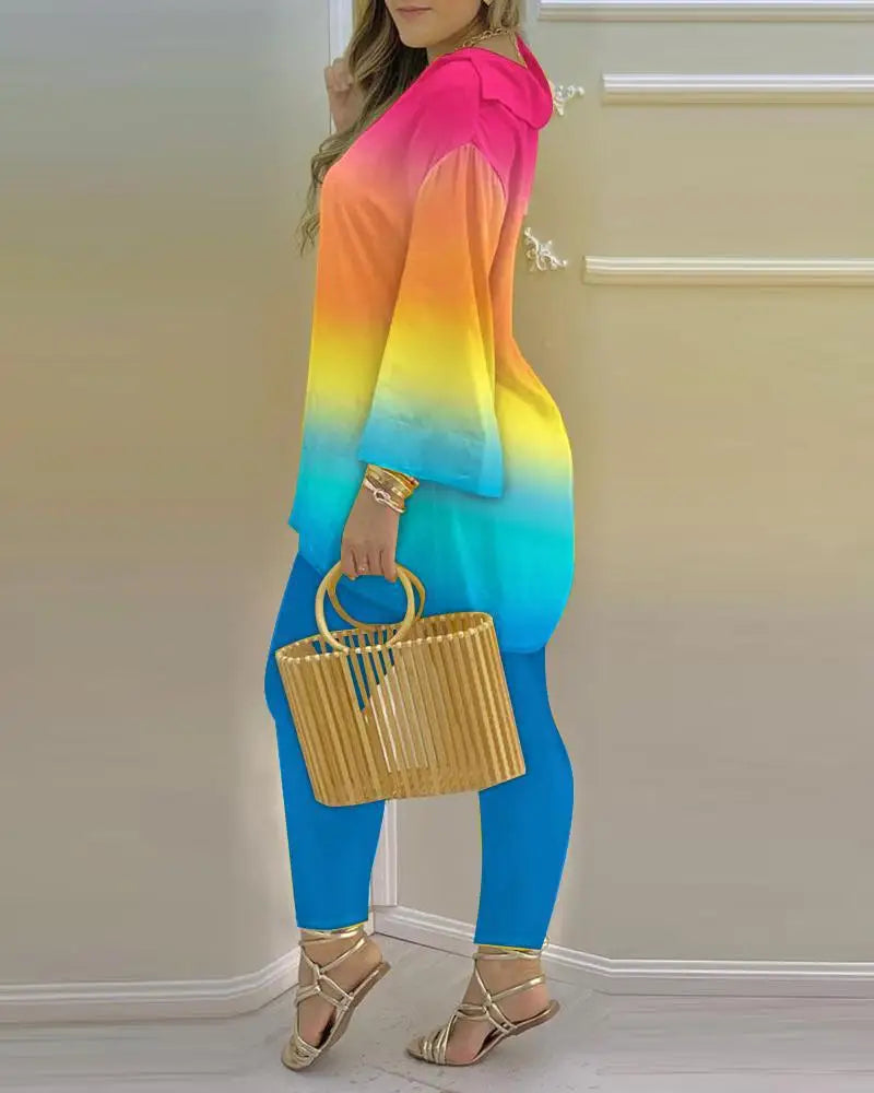 Women Printed V-Neck Long Sleeve Top and Pant Two Piece Set - Image 32