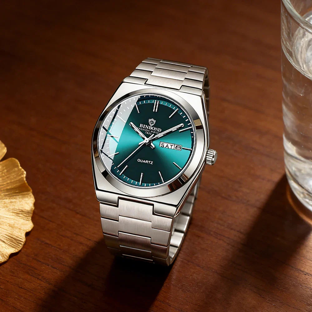 BINBOND Luxury Fashion Man Clock Top Business Waterproof Luminous Date Week Men's Watches Quartz Stainless Steel Men Wristwatch