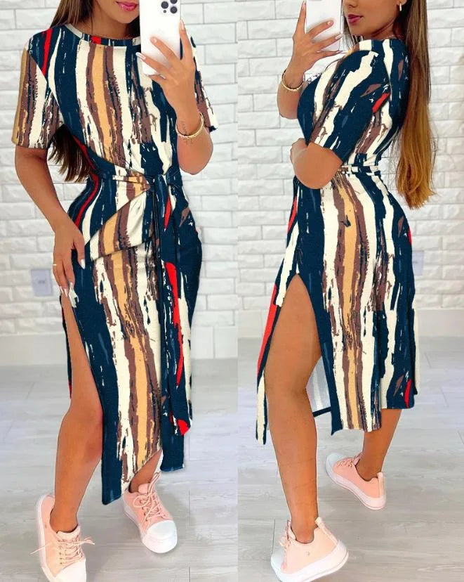 Women's Leopard Print Midi Dress with Side Slit and Tie Waist - Image 31