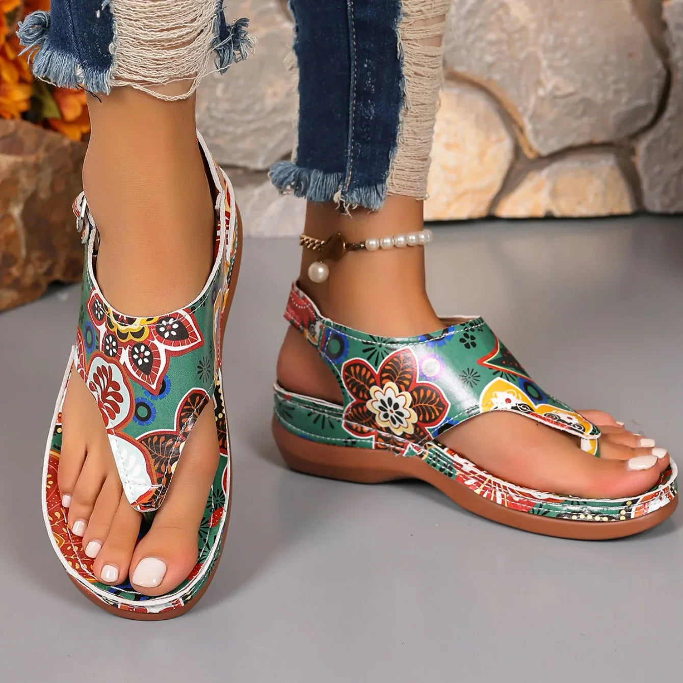 Women's Floral Wedge Sandals Comfortable Casual Outdoor Thong Shoes - Image 17