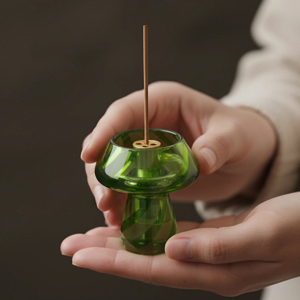 Glass Mushroom Incense Burner Brass Nine-Hole Incense Holder Incense Stick Holder for Meditation Yoga Spa Home Decor