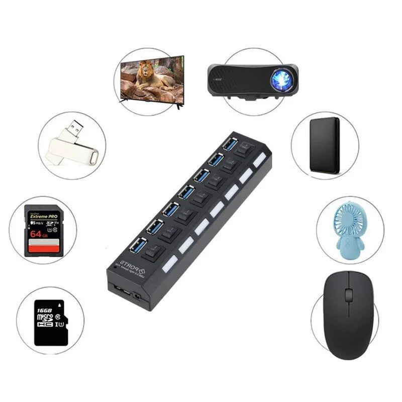 7-Port USB 3.0 Hub – Multi USB Splitter with Power Adapter