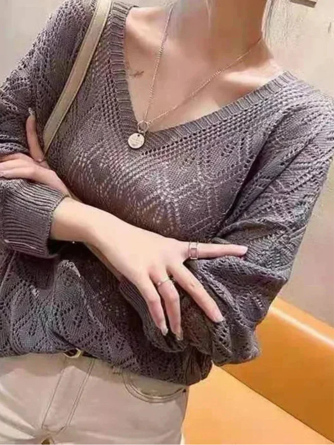 Women's V-Neck Crochet Hollow Knit Pullover Sweater Long Sleeve - Image 4