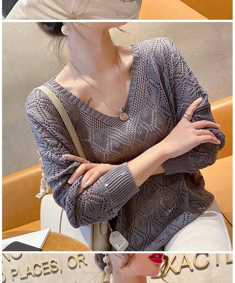 Women's V-Neck Crochet Hollow Knit Pullover Sweater Long Sleeve - Image 13