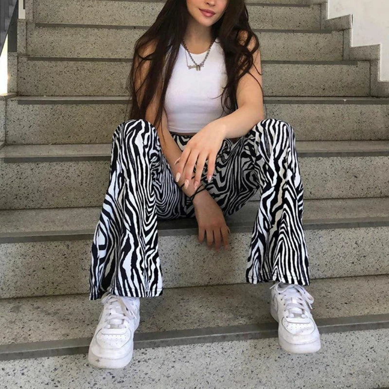 Women's Zebra Print High Waist Wide Leg Pants Casual Trousers - Image 2