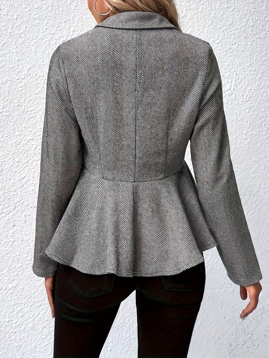Women's Herringbone Peplum Jacket Button Front Tailored Blazer - Image 2