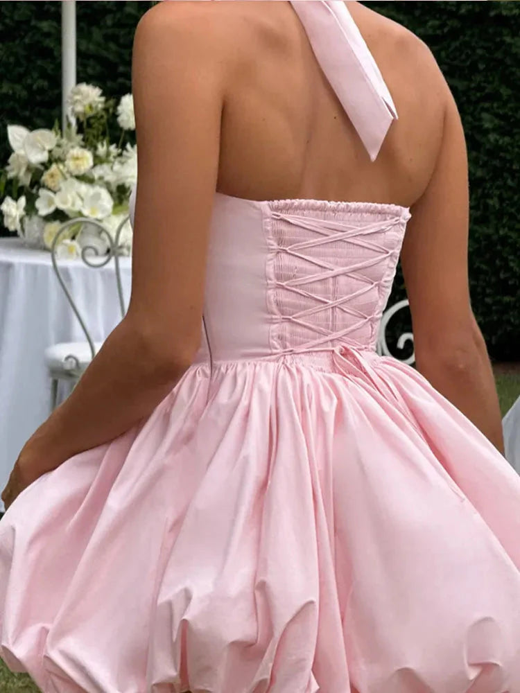 Women’s Pink Corset Puffball Hem Mini Dress Flirty Halter Style - Image 3