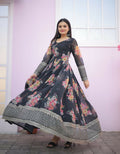 Black faux georgette Anarkali dress with floral digital print and zari embroidery