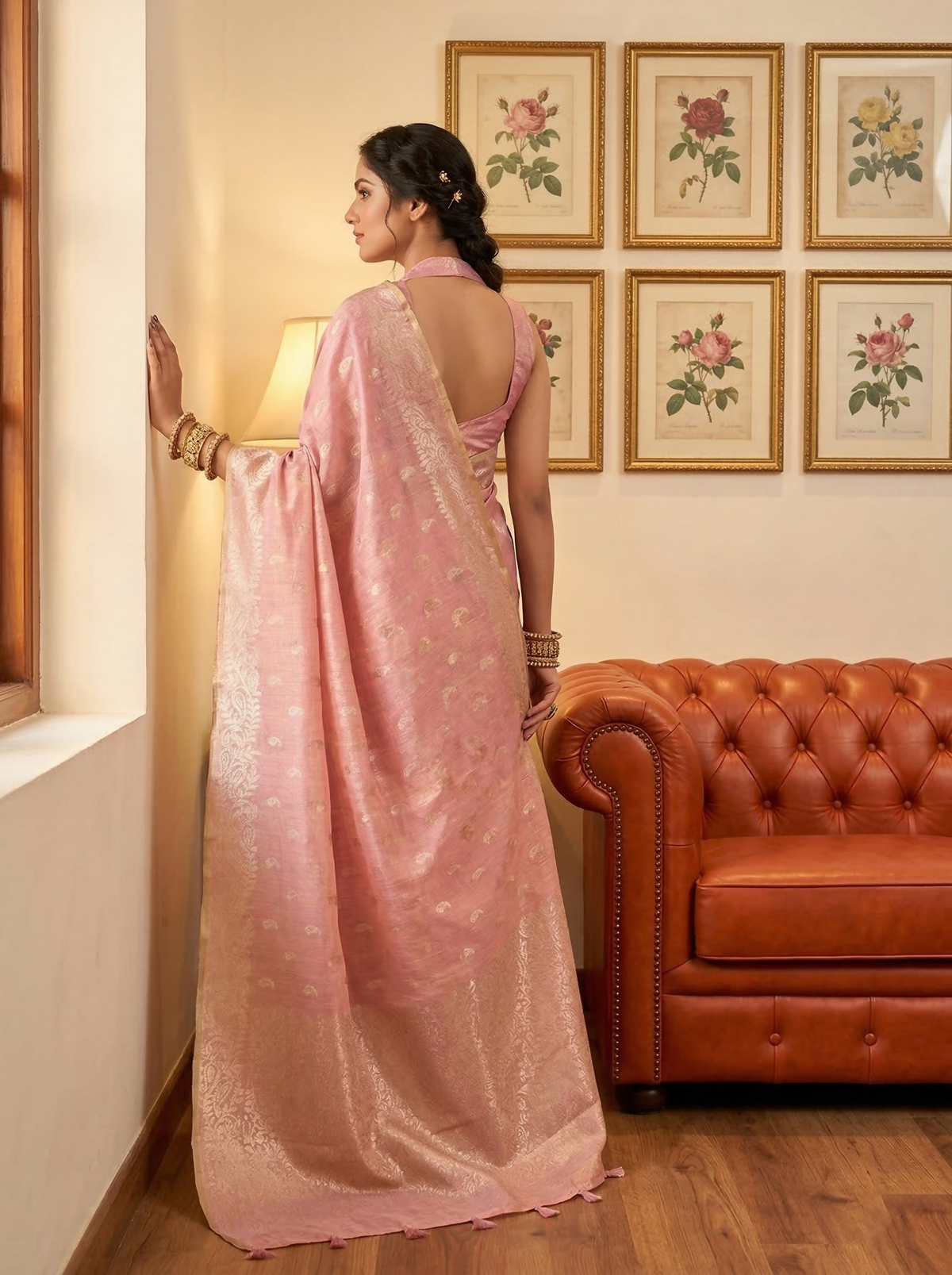 Pink Tissue Silk Saree with Matching Blouse Piece
