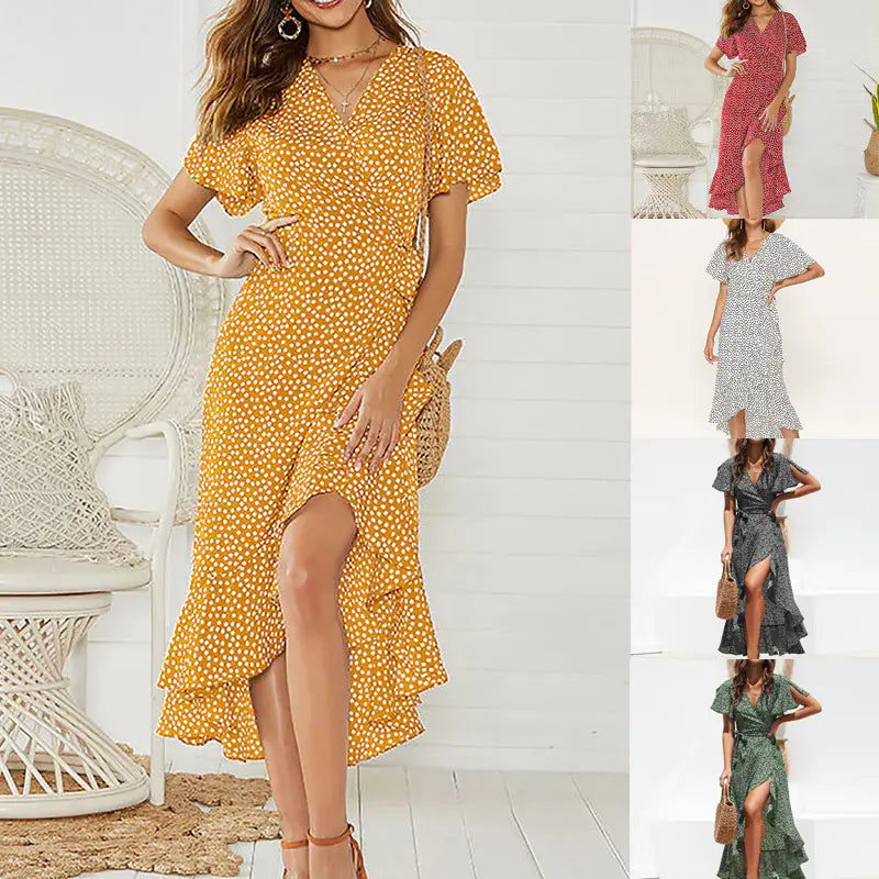 Women's Polka Dot High-Low Chiffon V-Neck Summer Wrap Dress - Image 2