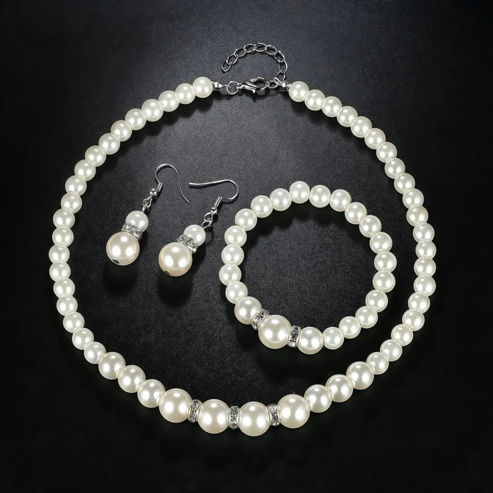 3 PCS Imitation Pearl Fireball Necklace Bracelet Earring Stud Jewelry Set Silver Color Crystal Stone Elegant Bridal Jewelry Gift