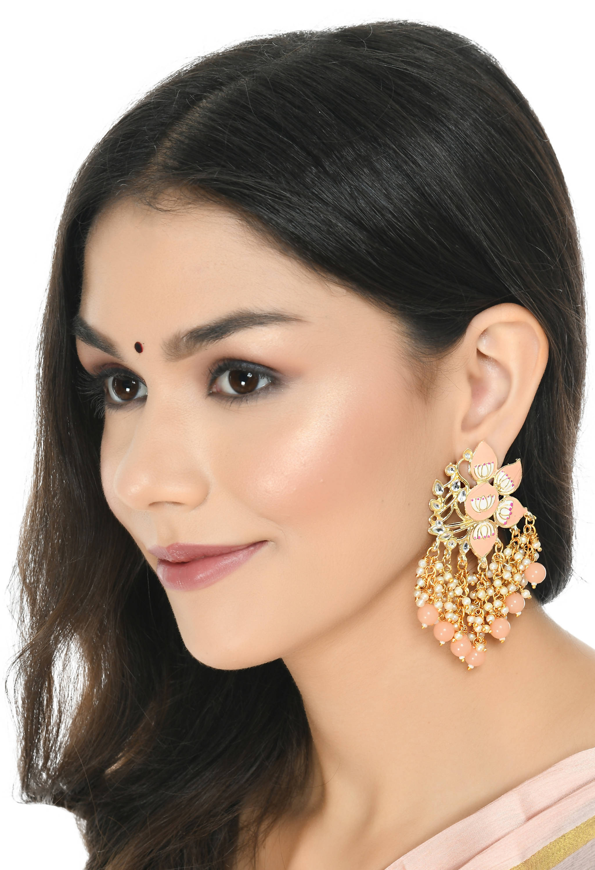 Peach Meenakari Kundan Earrings with Gold Polish Finish