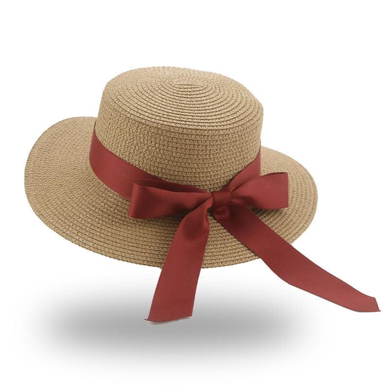 Women's Wide Brim Straw Bucket Hat with Ribbon Bowknot