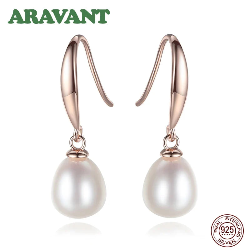 925 Sterling Silver Rose Gold Drop Earrings For Women Freshwater Pearl Earrings Wedding Jewelry White Pink Purple