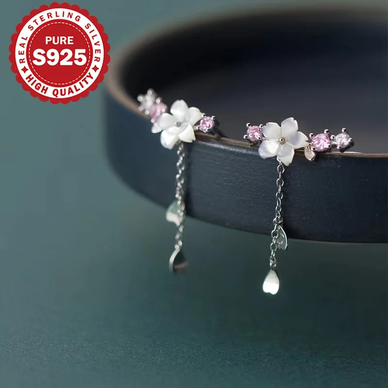 S925 Sterling Silver Sakura Tassel Earrings Cute Elegant Korean Style Versatile Classic Pendant Earring Allergy Free