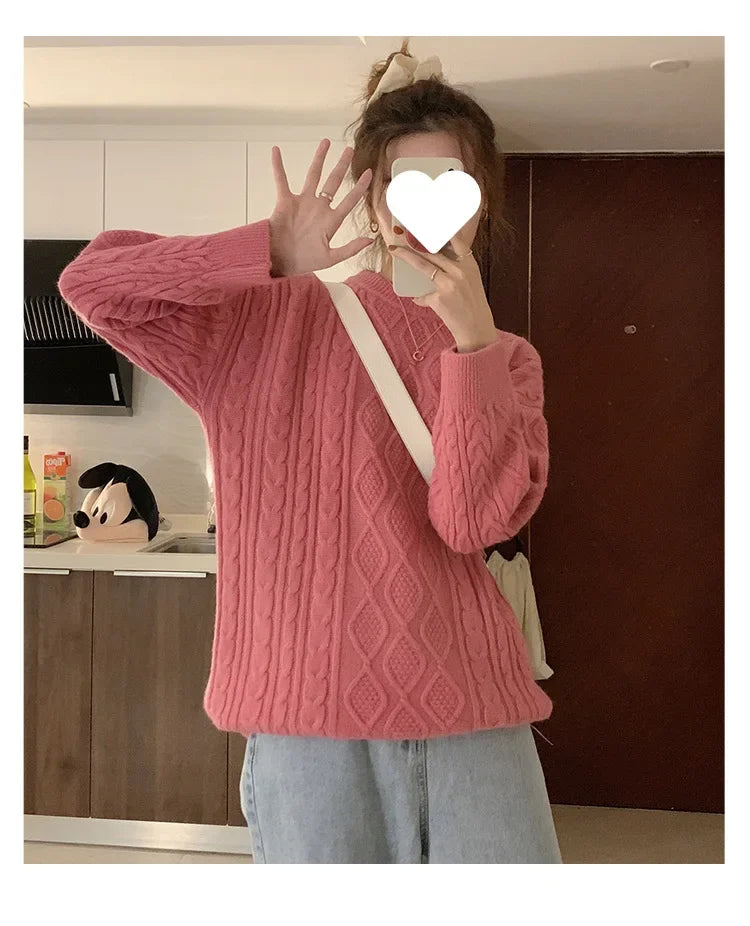 Women's Pink Cable Knit Crew Neck Long Sleeve Sweater - Image 10