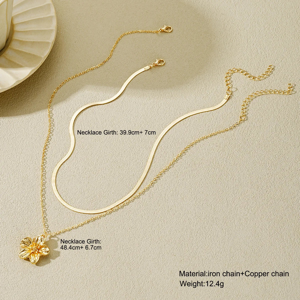Stainless Steel Golden Flower Pendant Double layer Necklace Flat Snake Chain Lady New Waterproof Fashion Jewelry