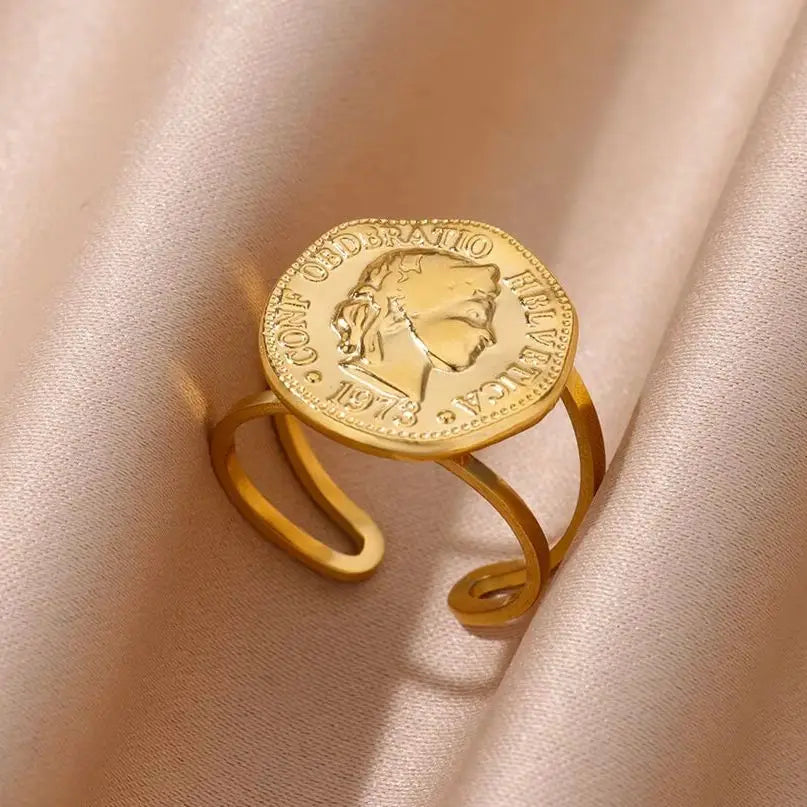 Stainless Steel Round Portrait Open Rings For Women Gold Color Adjustable Wedding Aesthetic Ring Party Fashion Jewerly Gift BFF