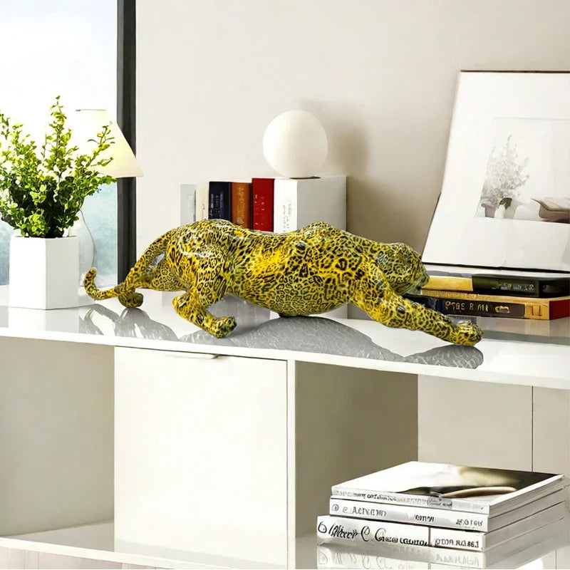 Yellow Leopard Resin Sculpture Sitting Cheetah Home Desk Decor - Image 2