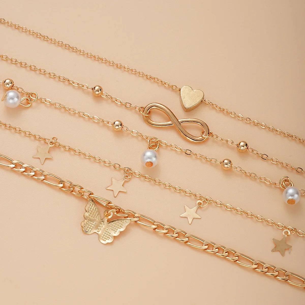 5Pcs Retro Multilayer Tassel Anklet Set for Women Bohemia Vintage Pearl Butterfly Star Heart Pendant Foot Bracelet Beach Jewelry