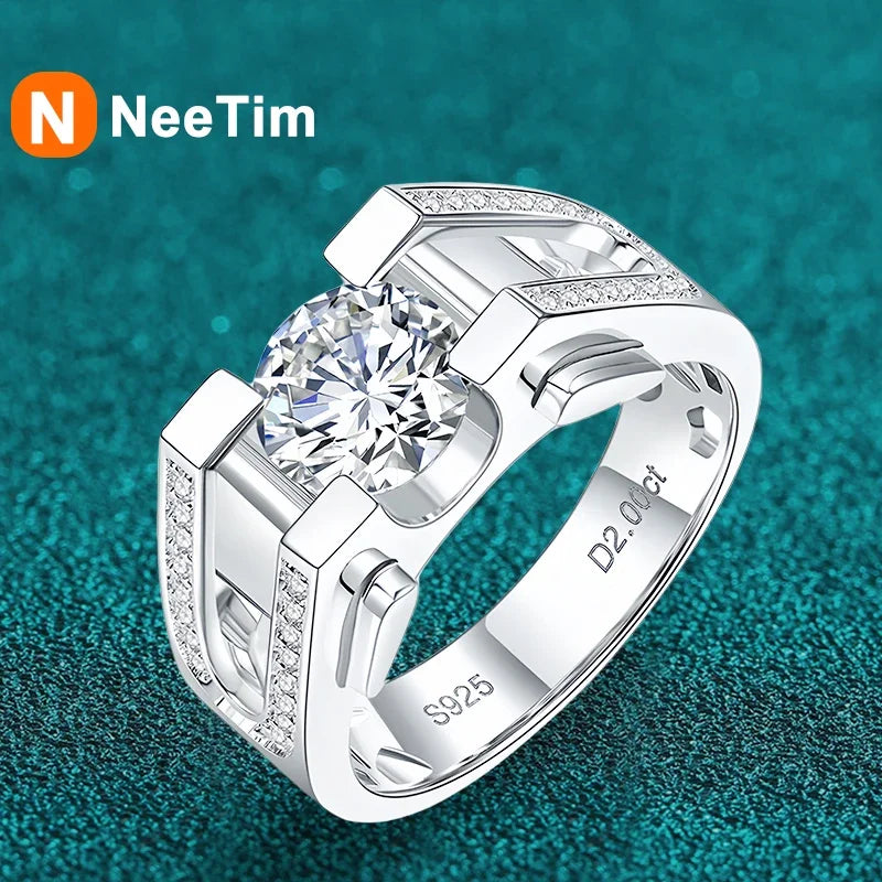 NeeTim 1ct 2ct Moissanite Ring For Men 925 Sterling Silver with White Gold Plated Wedding Band Man Rings Luxury Fine Jewelry