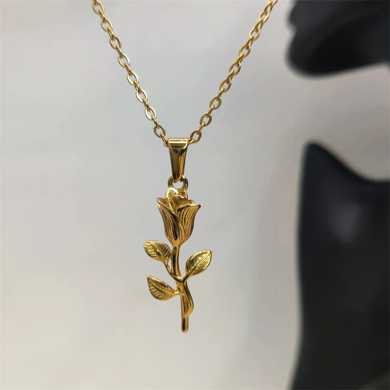 Vintage Summer Accessories Stainless Steel Pendant Necklaces Women's Jewelry Rose Pendant Necklace Charms