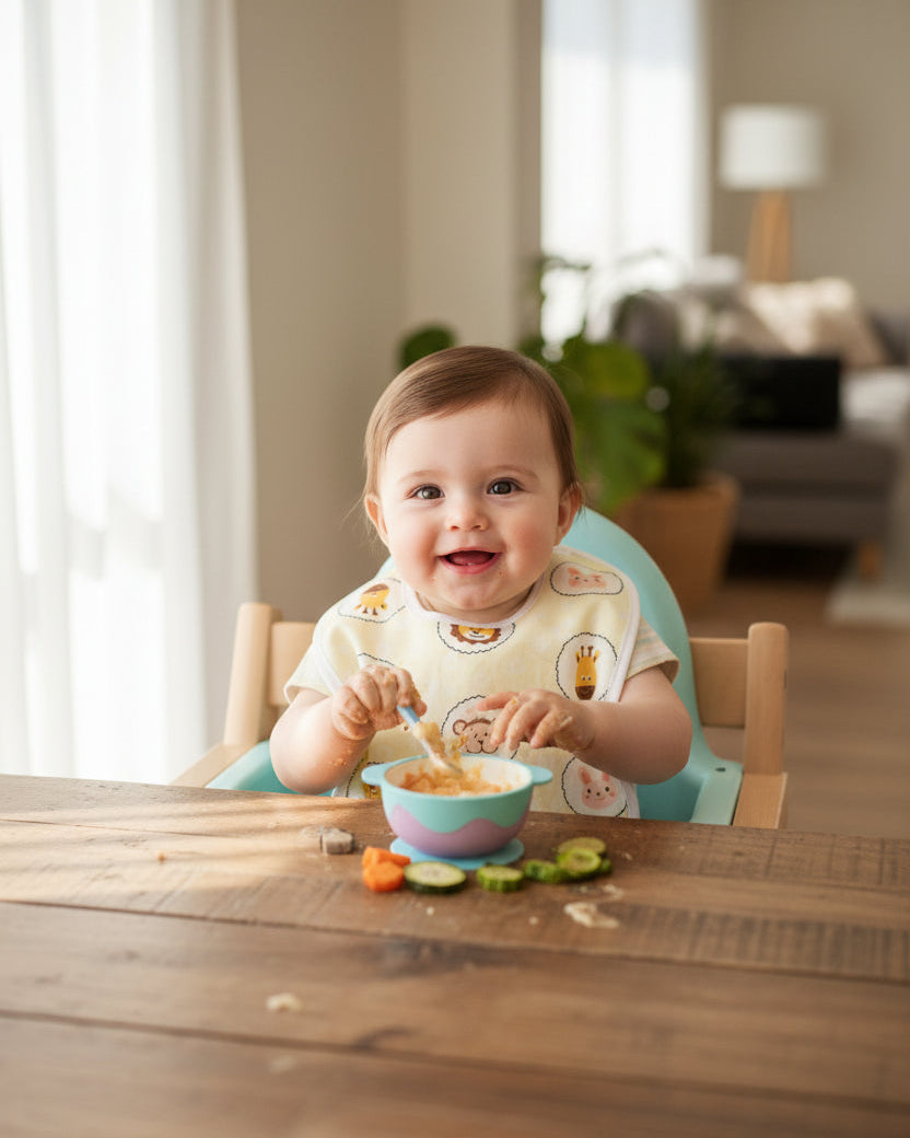 Set of three baby bibs with animal patterns on a light background