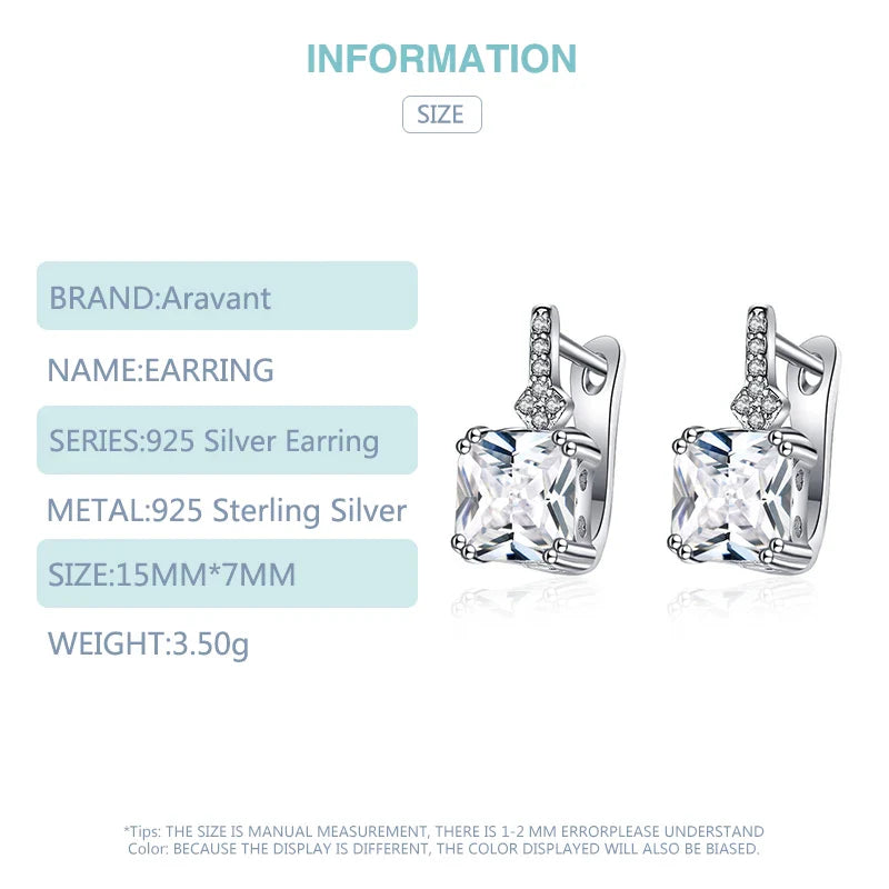 Aravant 925 Sterling Silver Square Zircon Drop Earrings For Women Fashion Jewelry