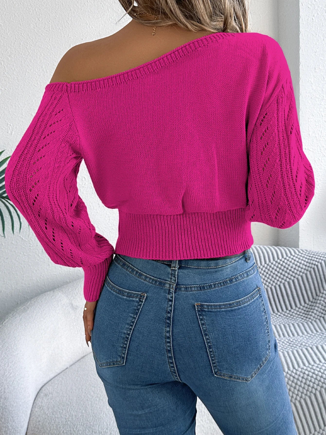 Women Off Shoulder Knitted Long Sleeve Pullover Sweater - Image 30