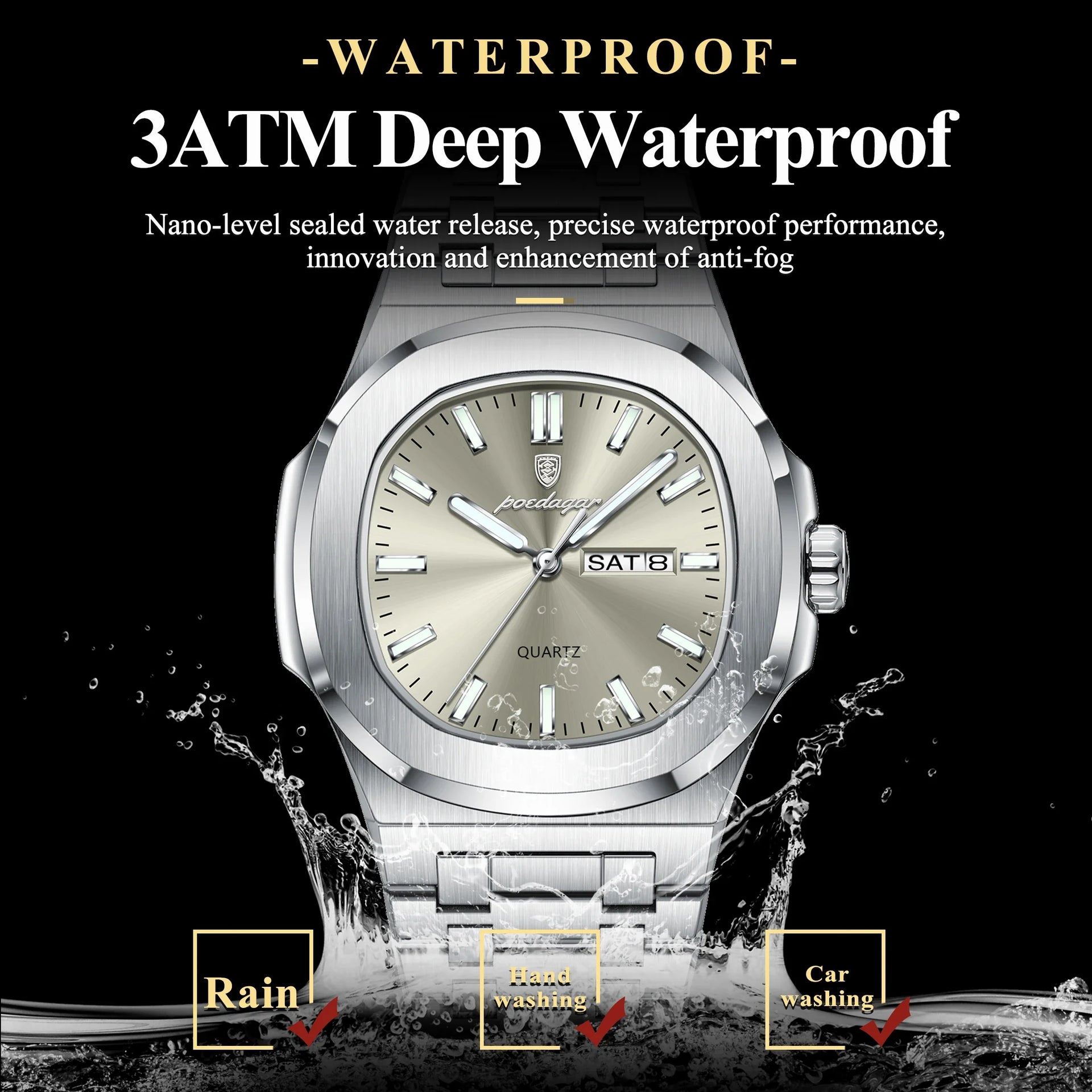 POEDAGAR Trendy Casual Wristwatch For Men Week Date Stainless Steel Man Watch Luminous Waterproof Luxury Quartz Men Watches+Box