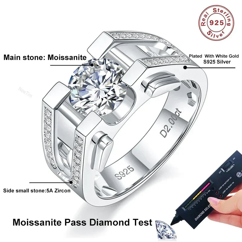 NeeTim 1ct 2ct Moissanite Ring For Men 925 Sterling Silver with White Gold Plated Wedding Band Man Rings Luxury Fine Jewelry