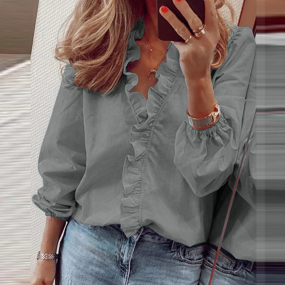 Women Ruffled V-Neck Long Sleeve Blouse Casual Pullover Top - Image 4