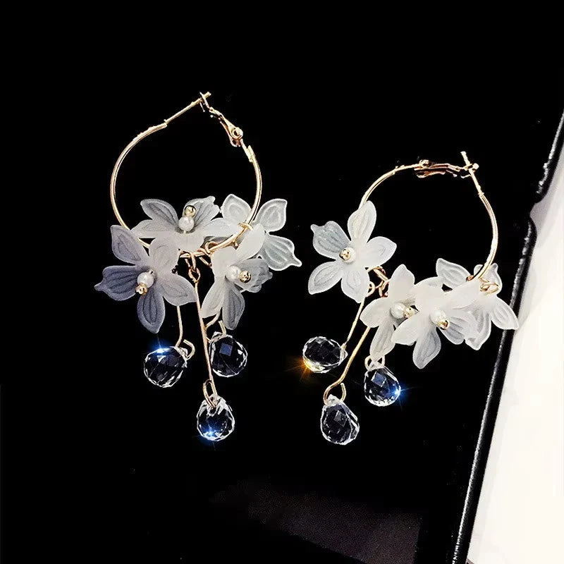 New korean Sweet Transparent Crystal Flower Drop Earrings For Women Temperament Long Tassel Earrings Female Elegant Jewelry Gift