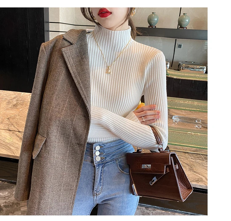 Women Mock Neck Ribbed Knit Pullover Long Sleeve Slim Fit Sweater - Image 17