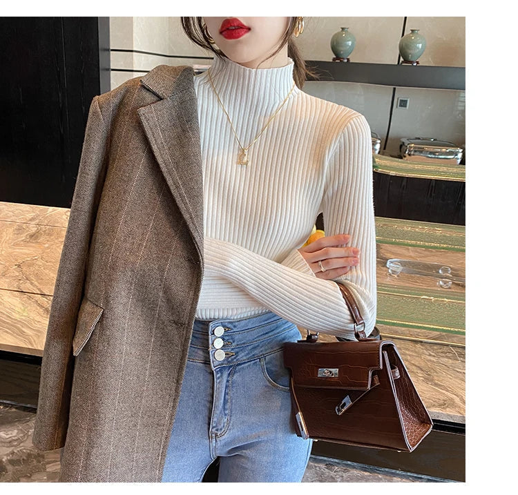 Women Mock Neck Ribbed Knit Pullover Long Sleeve Slim Fit Sweater - Image 17
