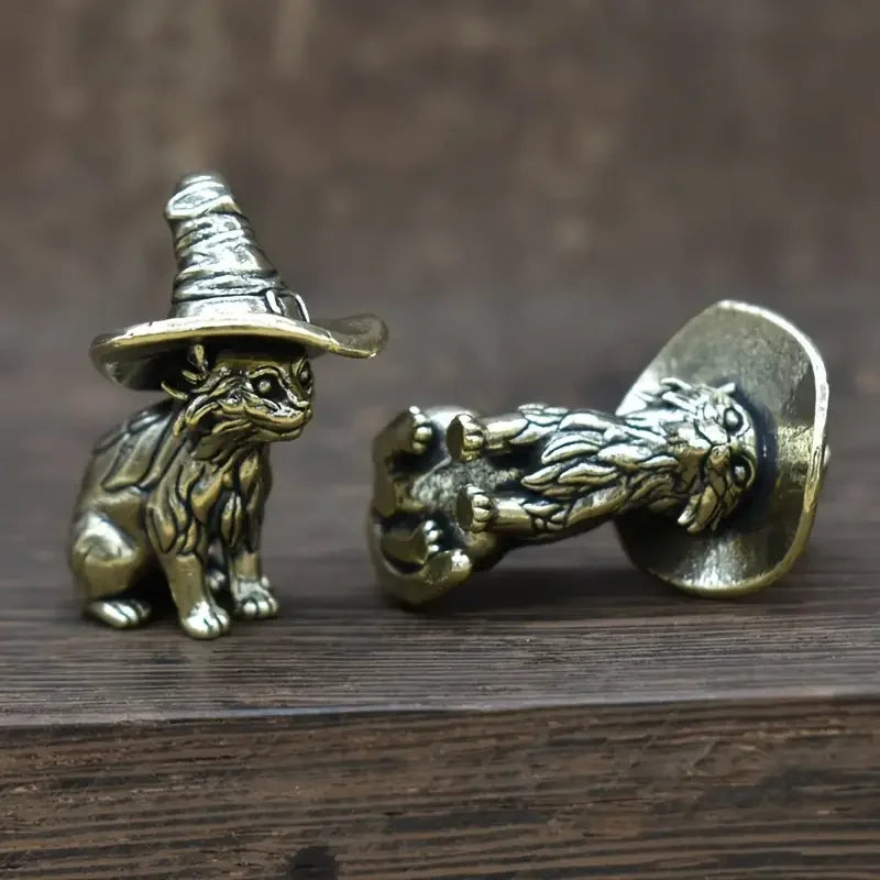 1pc Vintage Brass Witch Cat Statue, Solid Miniature Cat Sculpture, Decorative Animal Figurine, Antique Copper Tea Pet, Collectib