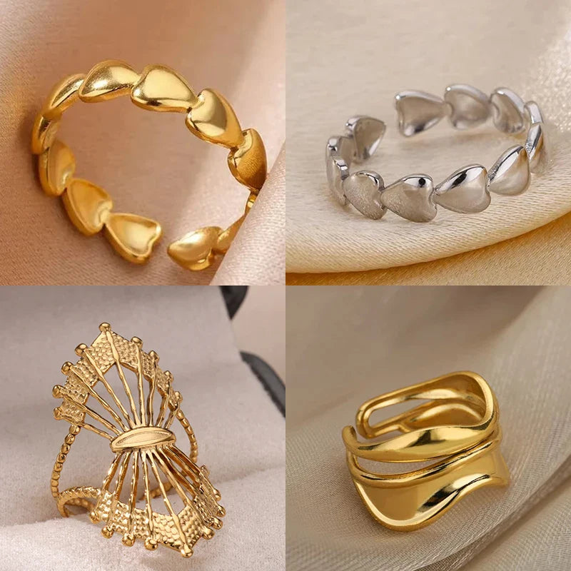 Stainless Steel Heart Rings For Women Opening Adjustable Gold Color Heart Ring Wedding Couple Christmas Jewelry Party Gifts