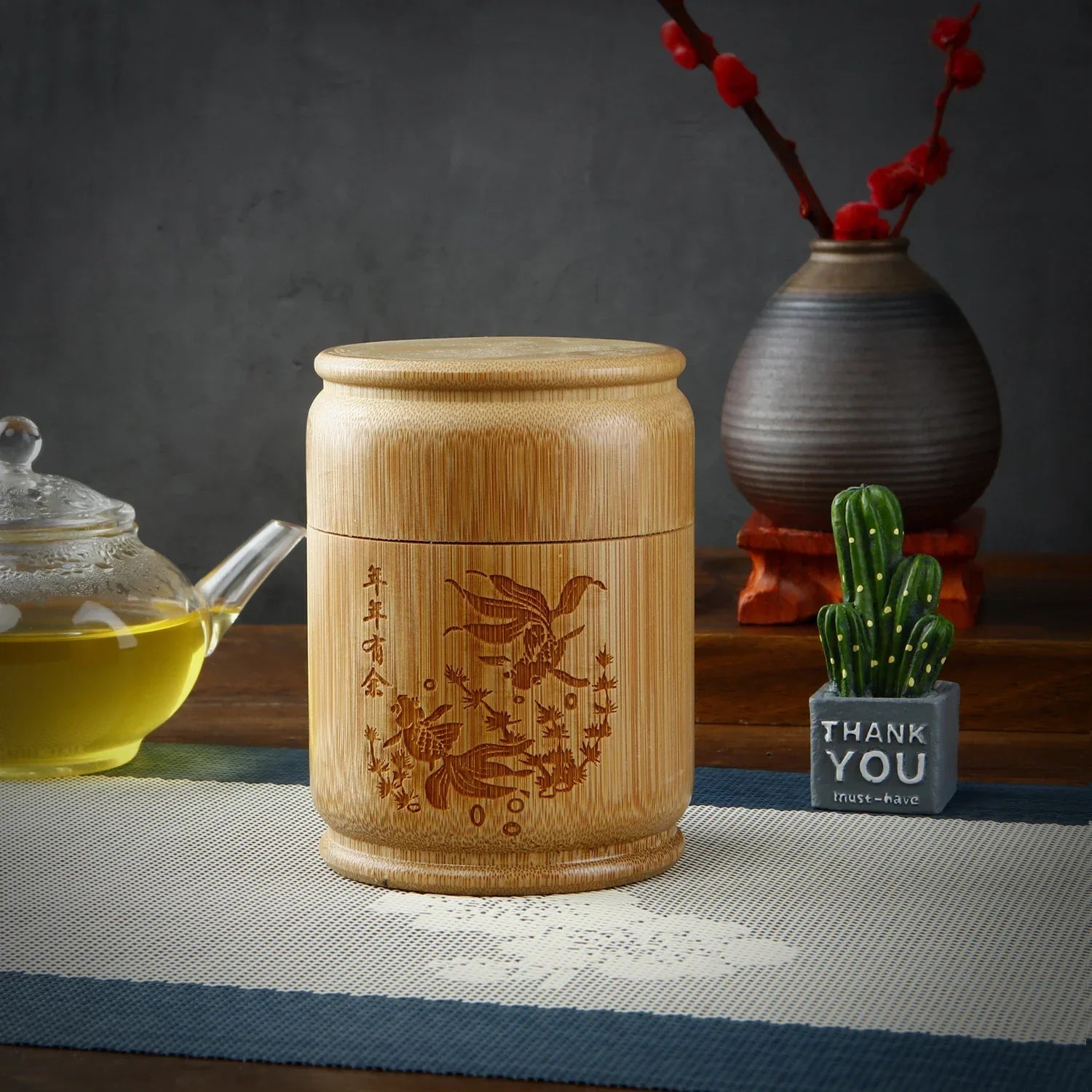 Handmade Bamboo Tea Storage Box Carved Tea Canister Lid Seal Kitchen Storage Jars Accessories Spice Box Case Organizer