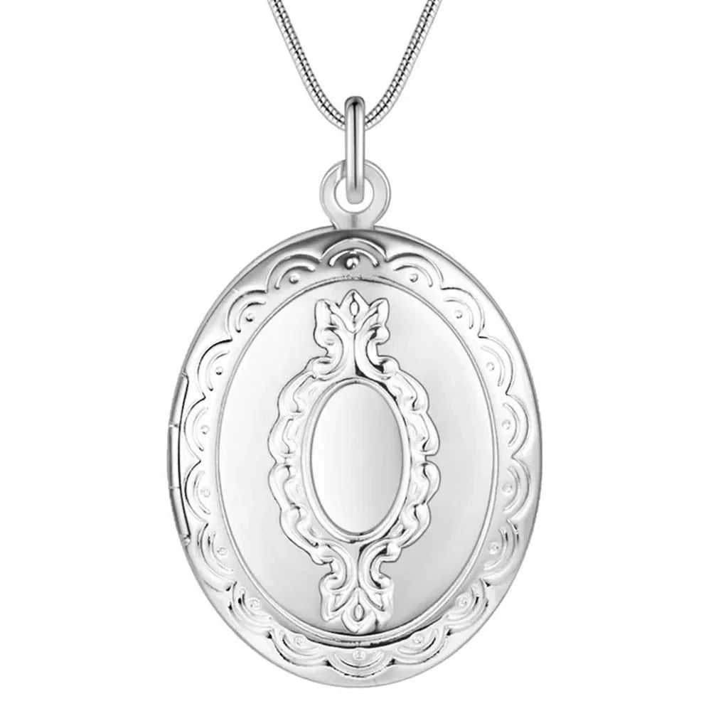 925 Sterling Silver Oval Round Photo Frame Pendant Necklace 18/20-28/30 Inch Snake Chain For Woman Man Wedding Jewelry